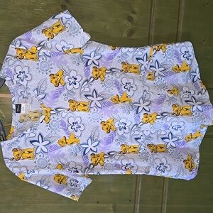 Disney Simba Lion King Floral Scrub Top Womens Small EUC pockets V-neck